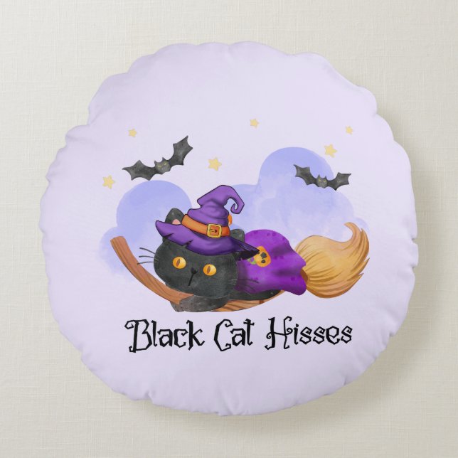Black Cat Hisses Rundes Kissen (Vorderseite)