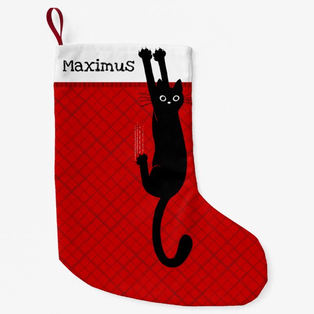 Black Cat Holding On Funny Christmas Stocking Kleiner Weihnachtsstrumpf (Vorderseite)