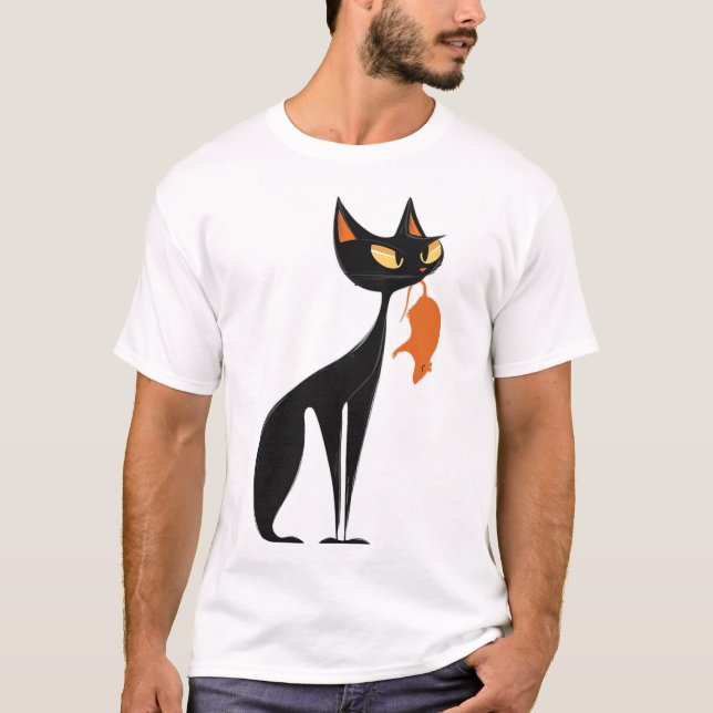 Black Cat Holding Orange Rat T-Shirt (Vorderseite)
