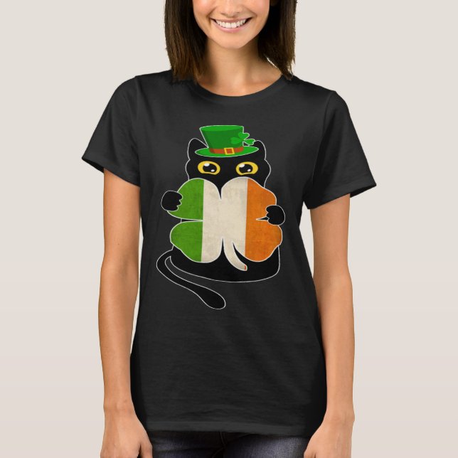 Black Cat Holding Shamrock Irish Flag St Patricks  T-Shirt (Vorderseite)