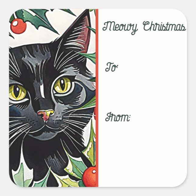 Black Cat & Holly Meowy Weihnachtsaufkleber-Gesche Quadratischer Aufkleber (Vorderseite)