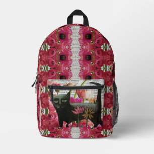 Black Cat Hot Pink Psychedelische botanische Blume Bedruckter Rucksack