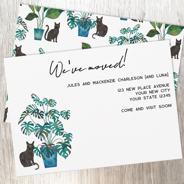 Black Cat Houseplant Moving New Home Announcement Ankündigung (Black cat and potted plant watercolor custom text personalized moving new home address announcement)