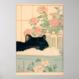 Black Cat in Bathtub Japanese Bathroom Print Poster