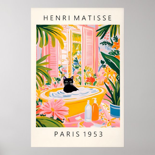 Black Cat in Bathtub Print Matisse Style Bathroom Poster (Vorne)