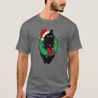 Black Cat In Christmas Lights Weihnachtsmannmütze T-Shirt