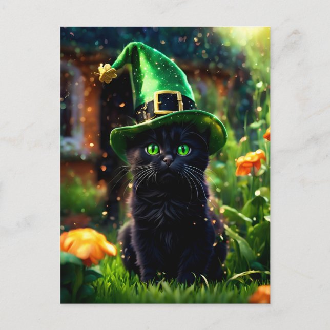 Black Cat in Green St. Patrick's Day Hexenhut Postkarte (Vorderseite)