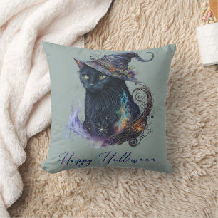 Black Cat in Hexen Hat Green Happy Halloween Kissen