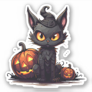 Black Cat in Hexenhut Meowloween Halloween Aufkleber