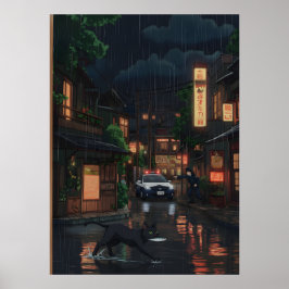 Black Cat in Rainy Neon Japanese Street Anime Art Poster