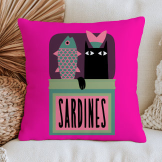 Black Cat in Sardines Can Funny Animal Maximalist Kissen