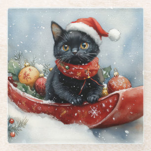Black Cat in Sledge Let it Snow Christmas Glasuntersetzer