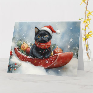 Black Cat in Sledge Let it Snow Christmas Karte