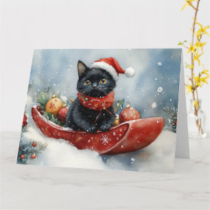 Black Cat in Sledge Let it Snow Christmas Karte