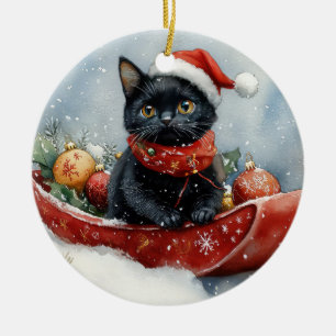 Black Cat in Sledge Let it Snow Christmas Keramik Ornament