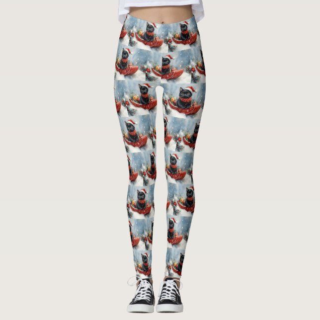 Black Cat in Sledge Let it Snow Christmas Leggings (Vorderseite)