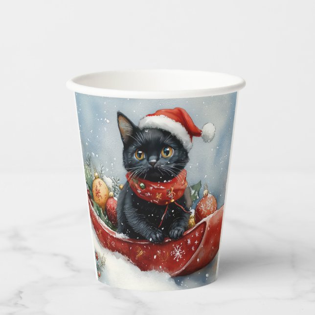 Black Cat in Sledge Let it Snow Christmas Pappbecher (Vorderseite)