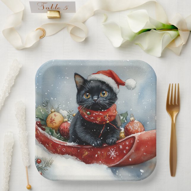 Black Cat in Sledge Let it Snow Christmas Pappteller (Hochzeit)