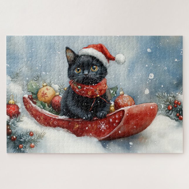 Black Cat in Sledge Let it Snow Christmas Puzzle (Horizontal)