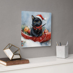 Black Cat in Sledge Let it Snow Christmas Quadratische Wanduhr