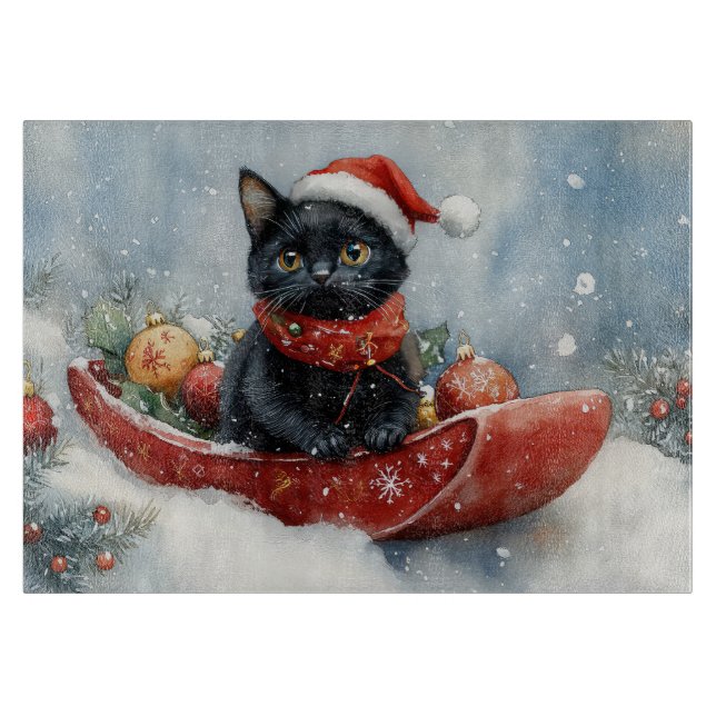 Black Cat in Sledge Let it Snow Christmas Schneidebrett (Vorderseite)