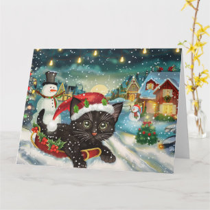 Black Cat in Sleigh Snow Weihnachten Karte