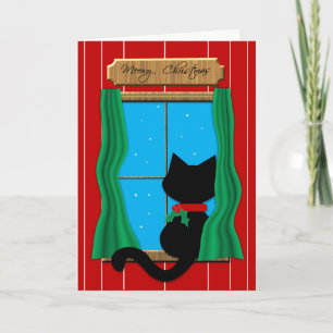 Black Cat in Snowy Window - Meowy Christmas Card Feiertagskarte