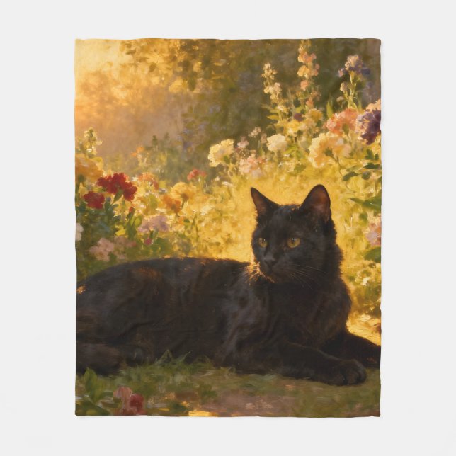 Black Cat in the Flowers I Fleecedecke (Vorderseite)