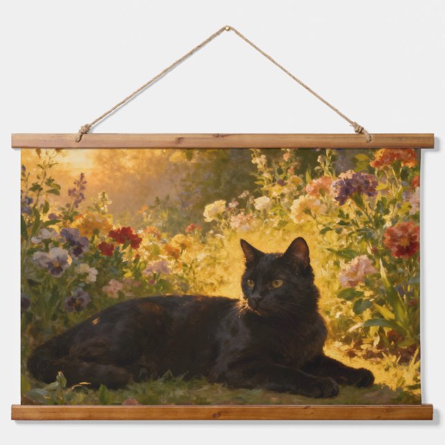 Black Cat in the Flowers I Wandteppich Mit Holzrahmen (Vorne)