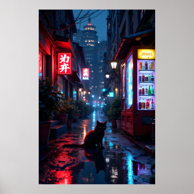 Black cat in urban alleyway at night with vibrant  poster (Vorne)