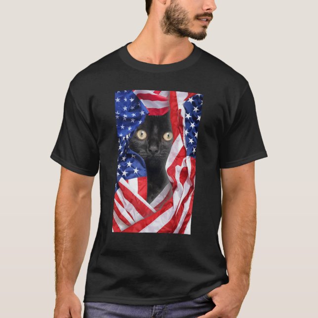 Black Cat in USA Flag 4th of July Men Women T-Shirt (Vorderseite)