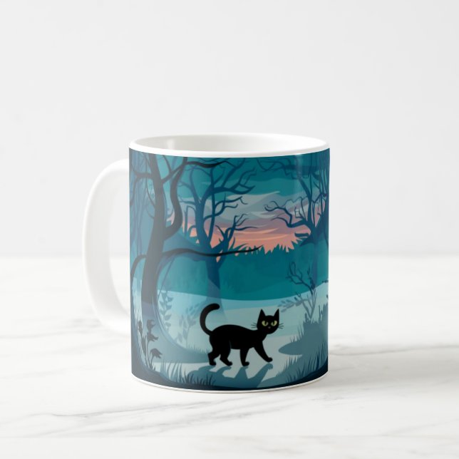 Black Cat in Woods Design Coffee Tasse (Vorderseite Links)