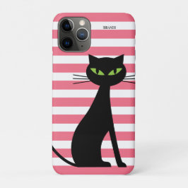 Black Cat & Individuelle Name Pink Streifen Modern Case-Mate iPhone Hülle