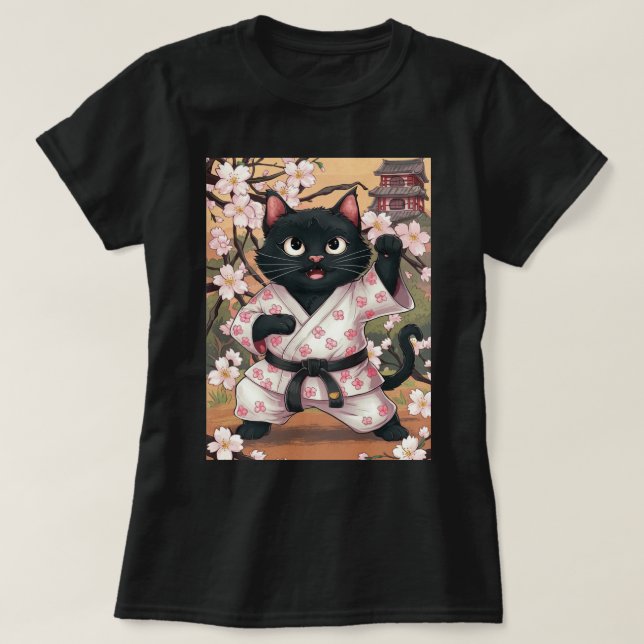 Black Cat Karate Niedlich Kimono T-Shirt (Design vorne)