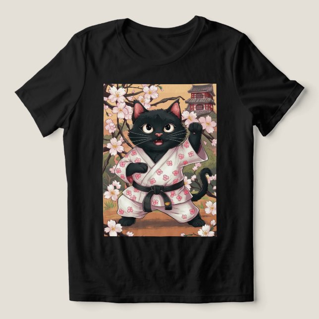 Black Cat Karate Niedlich Kimono Tri-Blend Shirt (Design Vorderseite)