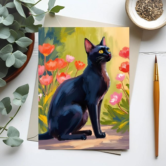 Black Cat | Kitten Pet Watercolor Flowers Painted Postkarte (Von Creator hochgeladen)