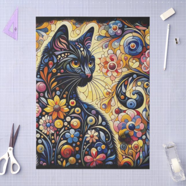 Black Cat Kitty Floral Whimsical Decoupage Seidenpapier (Basteln)