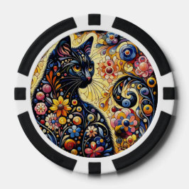 Black Cat Kitty Floral Whimsical Yellow Flowers Pokerchips