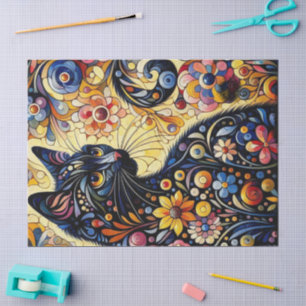 Black Cat Kitty Floral Whimsisgelbe Decoupage Seidenpapier