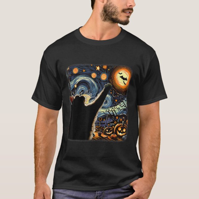 Black Cat Kostüm Van Gogh Starry Night Funny Cat T-Shirt (Vorderseite)