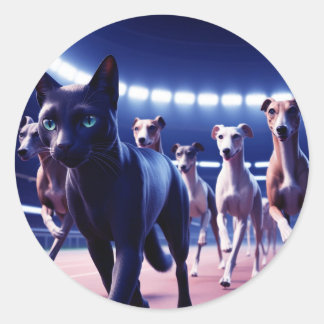 Black Cat Leading Pack of Hunde at Dog Track Runder Aufkleber