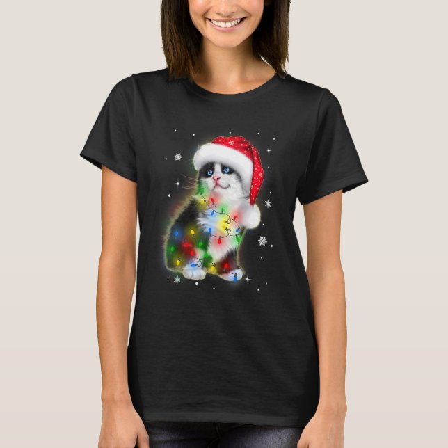 Black Cat Led Christmas Niedlich Cat Merry Xmas T-Shirt (Vorderseite)
