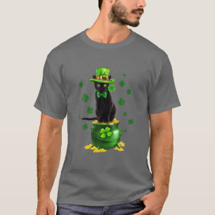 Black Cat Leprechauns Hat Cat Gold Pot St Patrick' T-Shirt