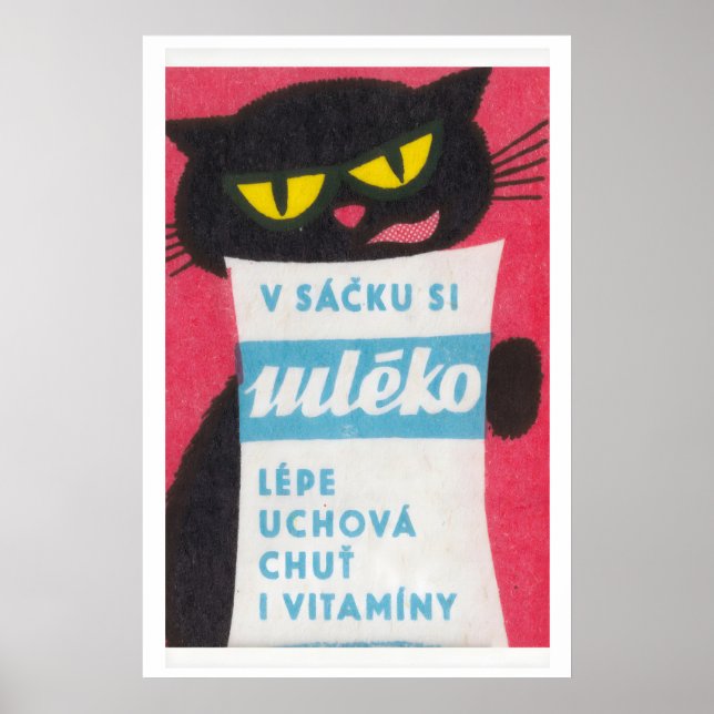 Black Cat Licking Milk Bag - Matchbox Print Poster (Vorne)