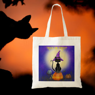 Black Cat lila Hexenkürbis Mond Halloween Tragetasche