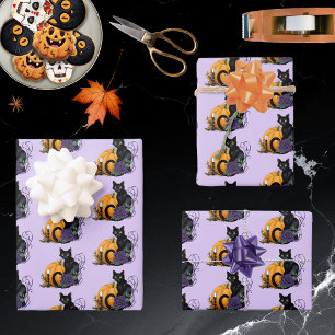 Black Cat Lila Rose Pumpkin Halloween Geschenkpapier Set