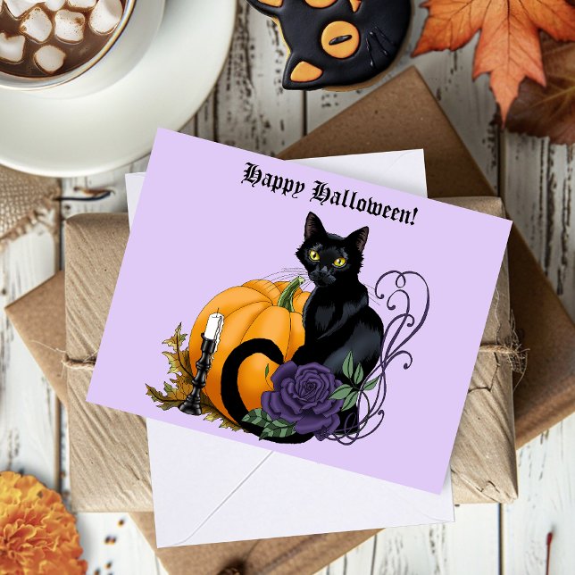 Black Cat Lila Rose Pumpkin Halloween Karte (Von Creator hochgeladen)