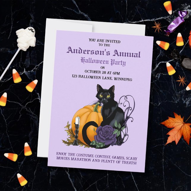 Black Cat Lila Rose Pumpkin Halloween-Party Einladung (Von Creator hochgeladen)