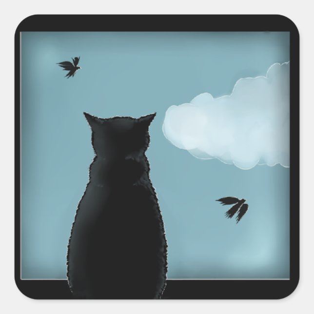 Black Cat Looking Out Window At Heaven Quadratischer Aufkleber (Vorderseite)