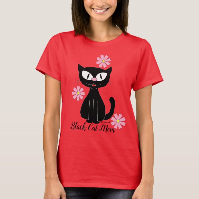 Black Cat Mama mit Hübsch rosa Blume Cat Lover T-Shirt (Vorderseite)